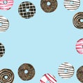 Vector Donuts watercolor Frame. blue background Space for text, Hand drawn for Greeting Card, Packaging , Bakery Shop and more