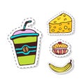 Vector doodle badges. Patches elements with breakfast food. Modern clip art. Royalty Free Stock Photo