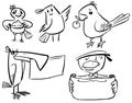 Vector doodle birds with cards, food