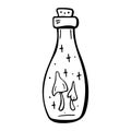 Vector doodle bottle of magic potion with mushrooms. Hand drawn illustration Royalty Free Stock Photo