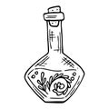 Vector doodle bottle of magic potion. Witchcraft glass bottle. Alchemy elixir in glass flask. Hand drawn illustration of