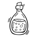 Vector doodle bottle of magic potion. Witchcraft glass bottle. Alchemy elixir in glass flask. Hand drawn illustration of Royalty Free Stock Photo