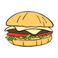 vector doodle burger color, icon on white background, fast food symbol, american food