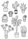 Vector doodle cactus coloring book page. Anti-stress for adults. Cute black and white cacti and succulents in pots. Royalty Free Stock Photo