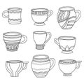 Vector doodle of cartoon cups for tea, coffee on white