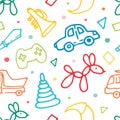 seamless pattern of children's toys multicolored contour. a pattern of doodles drawn in the style of a prefix, a train