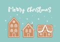 Vector doodle Christmas card with gingerbread houses on blue background