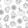 Vector doodle Christmas seamless pattern with Xmas gingerbreads, mugs of cappuccino on white Royalty Free Stock Photo