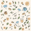 Vector doodle colorful pattern of drink more water summer theme. Cartoon style. Hand drawn vector illustration. Royalty Free Stock Photo