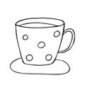 Vector doodle cup with saucer. Isolated linear icon cup with dots pattern on white