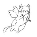 Vector doodle cupid funny cat flying in sky. Happy Valentine's day greeting card. Amur cat character with arrow