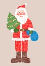 Vector doodle drawing of cartoon cheerful Santa Claus with christmas tree and gifts bag Royalty Free Stock Photo