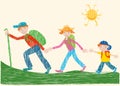 Vector doodle drawing of cheerful young family with backpacks hiking in summer vacation Royalty Free Stock Photo