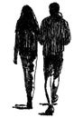 Vector doodle drawing of silhouettes couple young people walking together outdoors