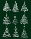 Vector doodle drawings of set various abstract decorative christmas trees