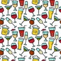 Vector doodle drinks seamless pattern. Beverages bright background.