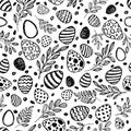 Vector doodle Easter seamless pattern. Black white watercolor, ink illustration of easter eggs and leaves