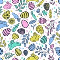 Vector doodle Easter seamless pattern. Colorful watercolor, ink illustration of easter eggs, rabbit, leaves Royalty Free Stock Photo