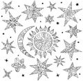 Vector doodle elements of the night sky. Stars, sun and moon.