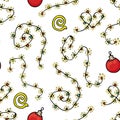 Vector doodle festive seamless pattern with garlands, Christmas balls and decorations on a white background. Royalty Free Stock Photo