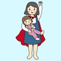 Vector of doodle flat design cartoon character mommy hold her daughter in her arms kids love her superhero mother, the red cover Royalty Free Stock Photo