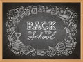 Vector doodle frame Back to school with school supplies on the background of a black school board in a wooden frame