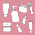 Vector doodle hand drawing about packaging cosmetic set on pink background. Royalty Free Stock Photo