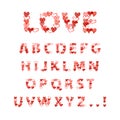 Vector Doodle Hand Drawn Font Made of Little Hearts, Cute Illustration, Type Set Template Isolated on White, Red Color.