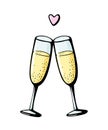 Vector doodle hand drawn illustration of two champagne glasses couple love drink cheers wineglasses sparkling wine on