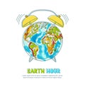 Vector illustration of Earth planet and clock. Earth hour poster. Environmental, ecology, nature protection concept.