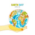 Vector illustration of human hand holding green Earth planet. Save Earth day, environmental, ecology concept. Royalty Free Stock Photo