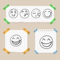 Vector Doodle Hand Drawn Smiley Faces on Paper Pieces Attached by Colorful Tape, Set.