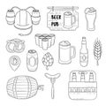 Vector doodle icons. Set of beer symbols. Beer helmet, mug, glass, sausage, barrel, beer pong