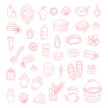 Vector doodle icons spa elements set. Hand drawn spa and massage salon objects collection. Candle, skincare, facial