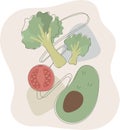Vector doodle illustration of colored vegetables avocado, tomato and broccoli with soft colors and geometric shapes on