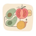 Vector doodle illustration of colored vegetables avocado, tomato and onion with soft flowers and geometric shapes on the