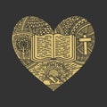 Vector doodle illustration. A hand-drawn heart, the Bible, the journey from creation to redemption