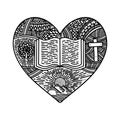 Vector doodle illustration. A hand-drawn heart, the Bible, the journey from creation to redemption.