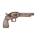 Vector doodle illustration of a metal authentic cowboy revolver or pistol. Sticker or design element on the theme of the wild west