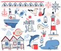 Vector doodle illustration. North sea. Scandinavian style. Colle