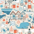 Vector doodle illustration. North sea. Scandinavian style. Seaml