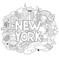 Vector doodle illustration showing Architecture and Culture of New York. Abstract background with hand drawn text New
