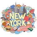 Vector doodle illustration showing Architecture and Culture of New York. Abstract background with hand drawn text New