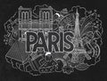 Vector doodle illustration showing Architecture and Culture of Paris. Abstract background chalkboard with hand drawn