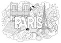 Vector doodle illustration showing Architecture and Culture of Paris. Abstract background with hand drawn text Paris