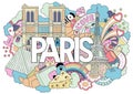 Vector doodle illustration showing Architecture and Culture of Paris. Abstract background with hand drawn text Paris