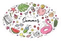 Vector doodle illustration Summer collection. Colorful symbols of summer. Oval composition