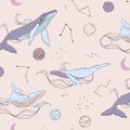 Vector doodle illustration whales and planets. Space with planets and huge marine animals. Universe graphic hand drawn