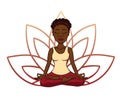 Vector doodle illustration of young cute african girl meditating in lotus pose with flower petals behind.