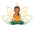 Vector doodle illustration of young cute indian girl meditating in lotus pose with flower petals behind.